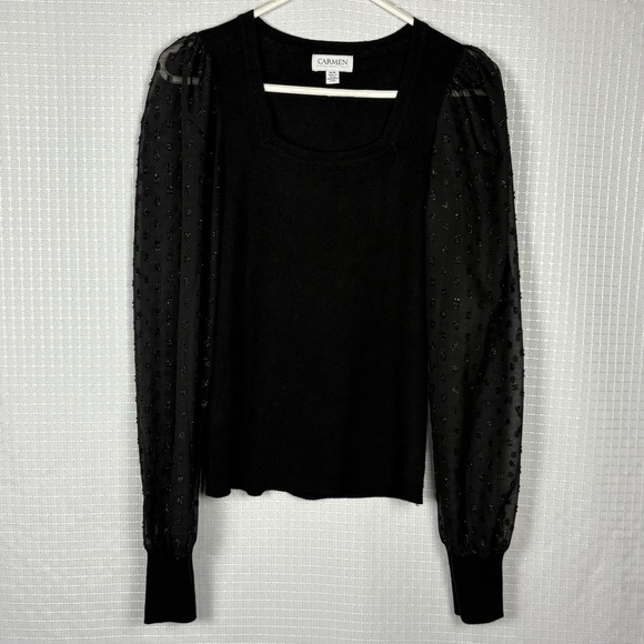 Carmen Marc Valvo Tops - Carmen Marc Valvo Black Sheer Sleeve Top‎ Size Medium Office Career Dressy